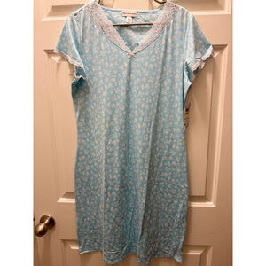 Women's Miss Elaine Nightgown Medium Blue Floral Lace Trim Sleepwear